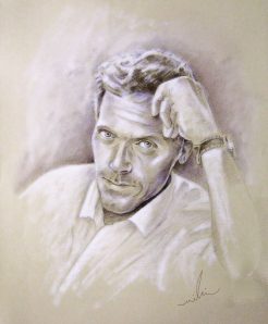 Hugh Laurie, par Miki - Crayon de coluer brun et craie blanche, 60 x 50 cm, 2009 